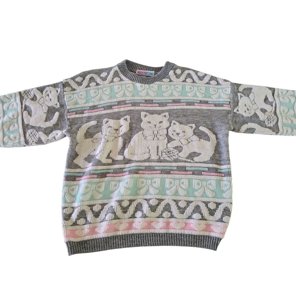 Vintage Women Kawaii Cat Sweater Grey Pastel Pink Mint Knit Made in USA 90s Cute